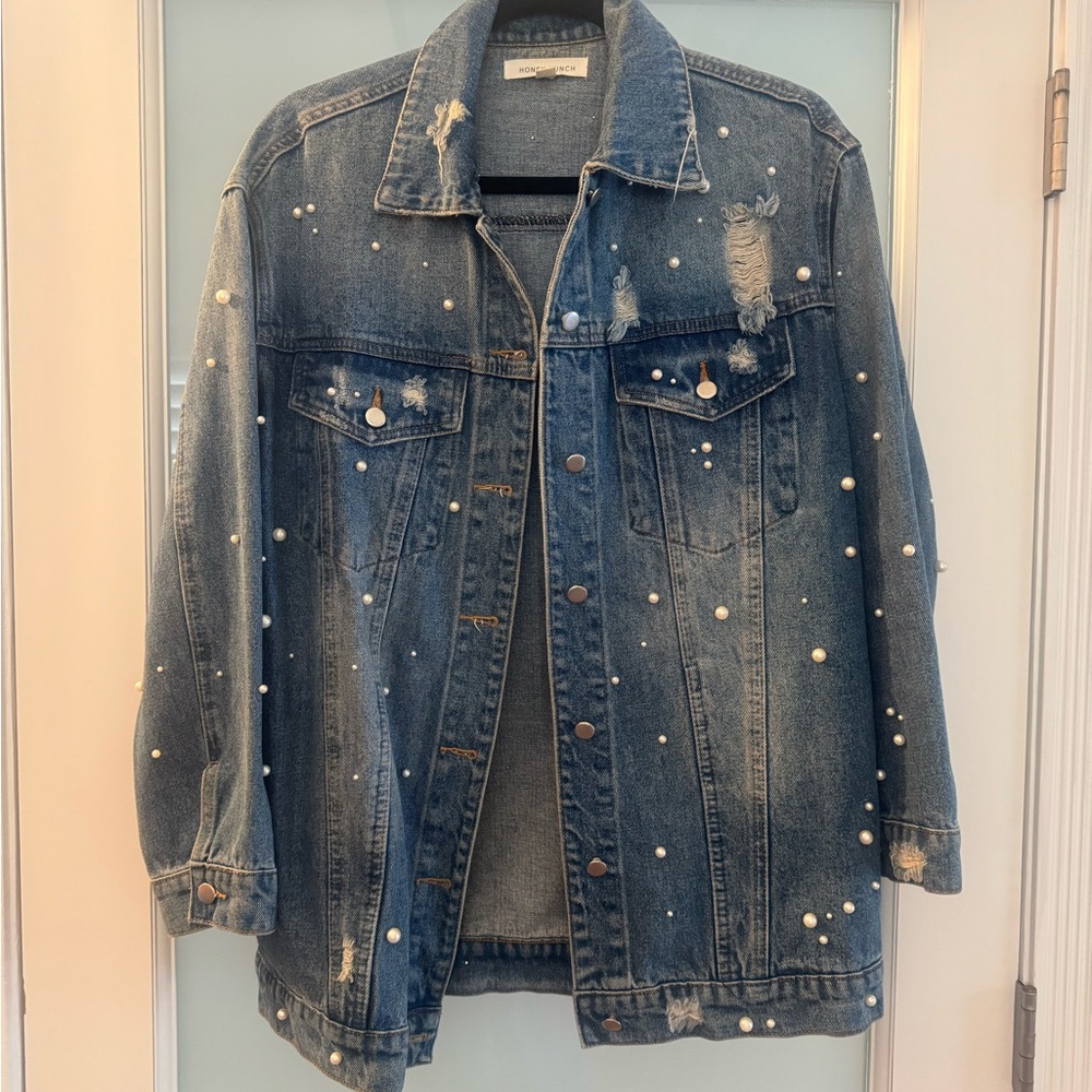 Honey Punch Blue Distressed Jean Jacket with Pearl Embellishment